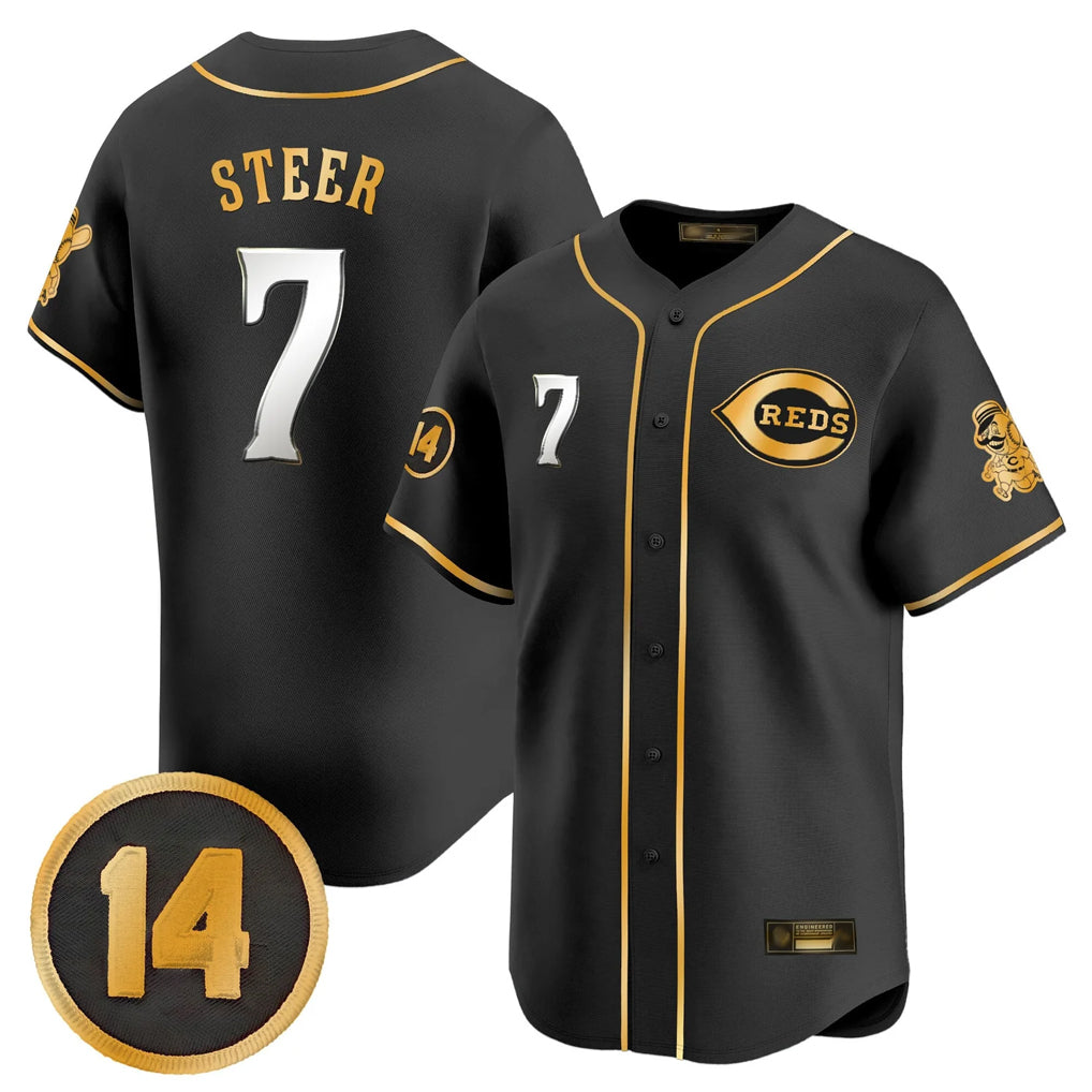 Choea C.Reds #7 Spencer Steer Player Black-Gold Vapor Premier Limited Home Stitched Jerseys