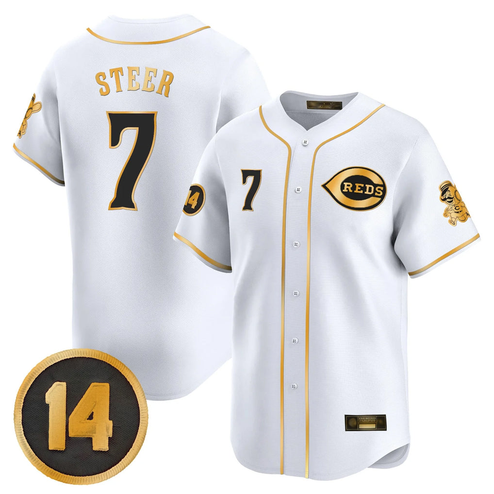 Choea C.Reds #7 Spencer Steer Player White-Gold Vapor Premier Limited Home Stitched Jerseys