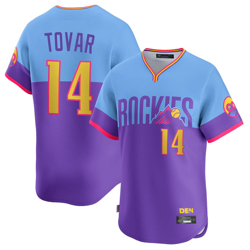 Choea C.Rockies #14 Ezequiel Tovar Player Purple-Light Blue City Connect Limited Home T-shirt Stitched Jerseys