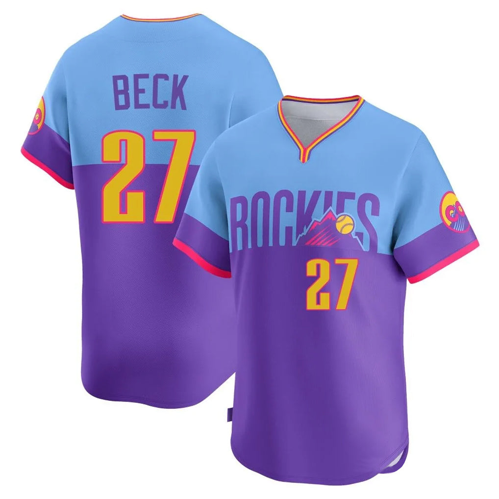 Choea C.Rockies #27 Jordan Beck Player Purple-Light Blue City Connect Limited Home T-shirt Stitched Jerseys
