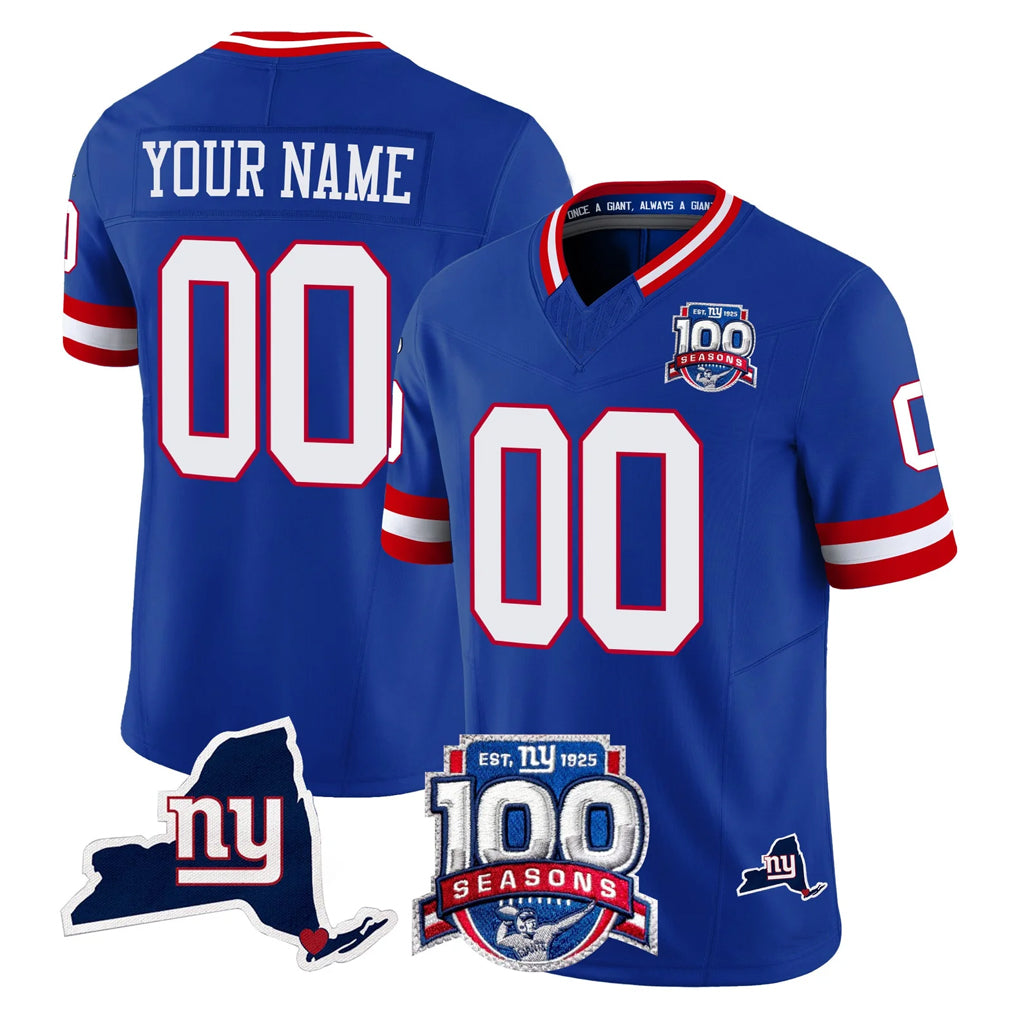 Choea Custom NY.Giants Royal 100th Season & State Patch Vapor Limited Home Game Any Name & Numbers Stitched Jerseys