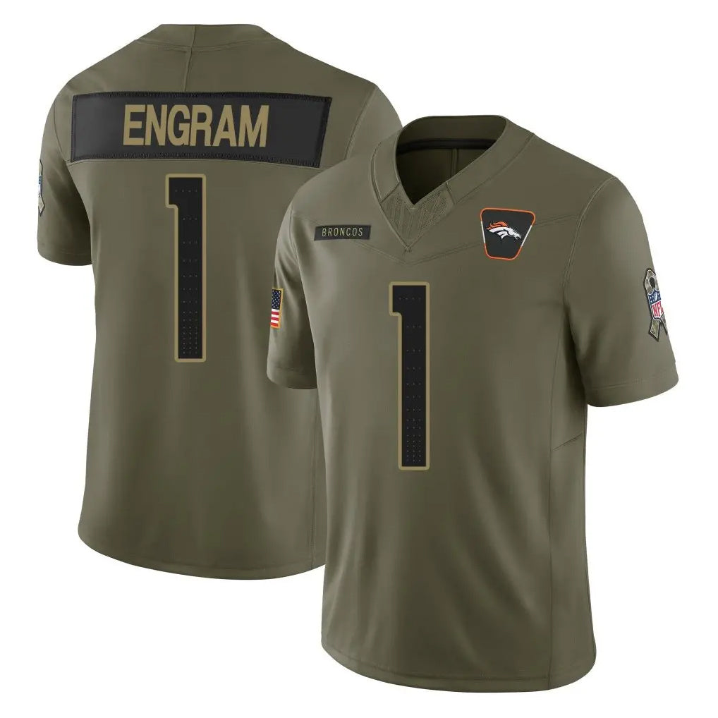 Choea D.Broncos #1 Evan Engram Player Olive 2025 Salute To Service Limited Home Game Stitched Jerseys