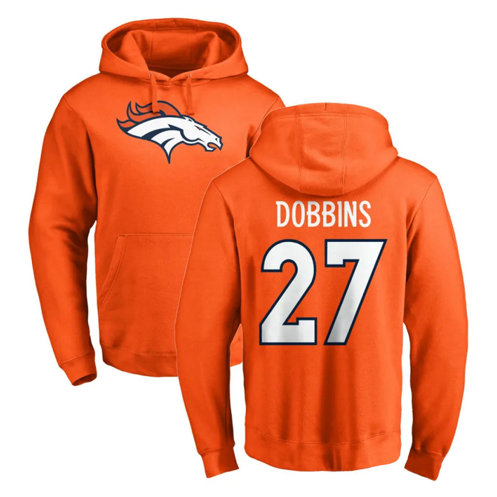 Choea D.Broncos #27 J.K. Dobbins Player Orange Pullover Hoodie Limited Stitched Jerseys