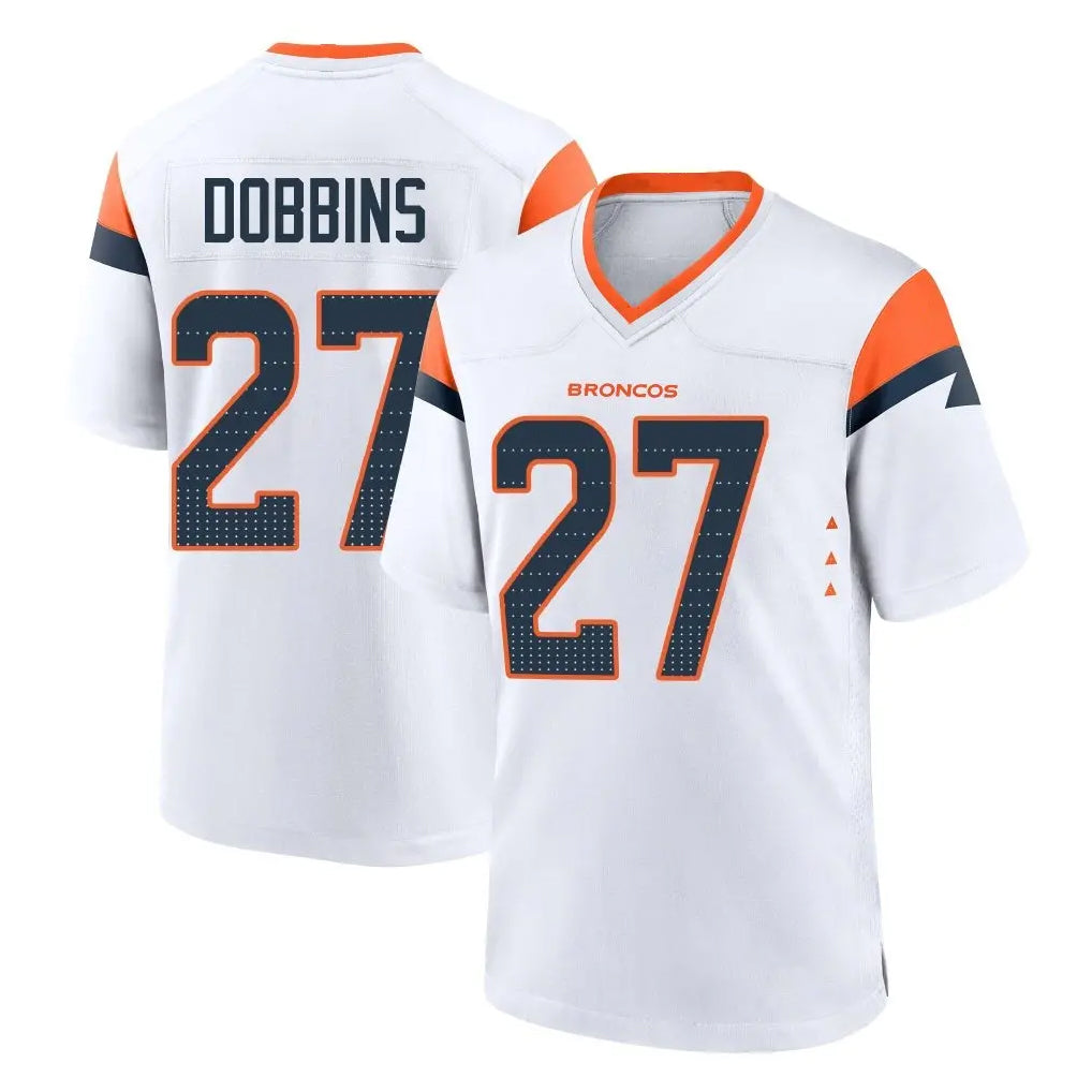 Choea D.Broncos #27 J.K. Dobbins Player White Home Game Stitched Jerseys