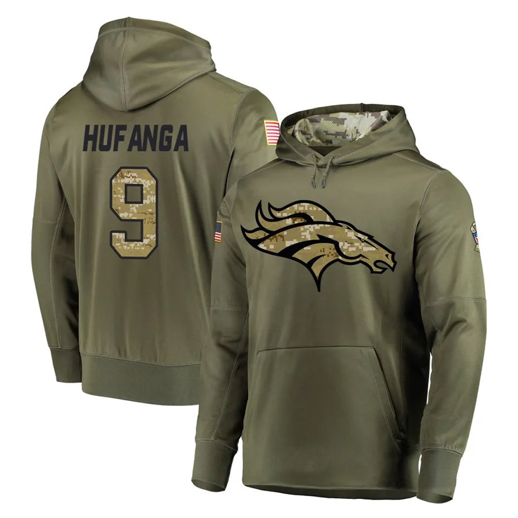 Choea D.Broncos #9 Talanoa Hufanga Player Olive Salute to Service Pullover Hoodies Home Game Stitched Jerseys