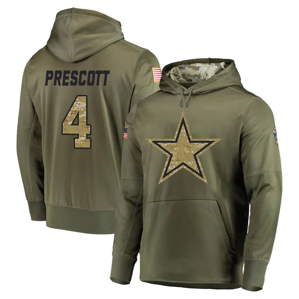 Choea D.Cowboys #4 Dak Prescott Player Olive Salute to Service Pullover Hoodies Home Game Stitched Jerseys