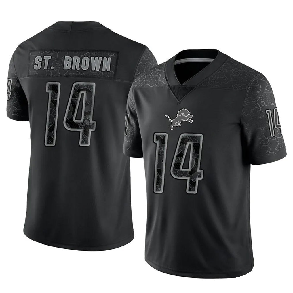 Choea D.Lions #14 Amon-Ra St. Brown Player Black REFLECTIVE Limited Stitched Jerseys