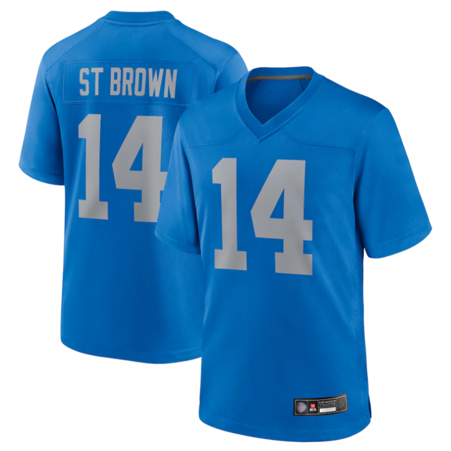Choea D.Lions #14 Amon-Ra St. Brown Player Blue Game Replica Stitched Jerseys