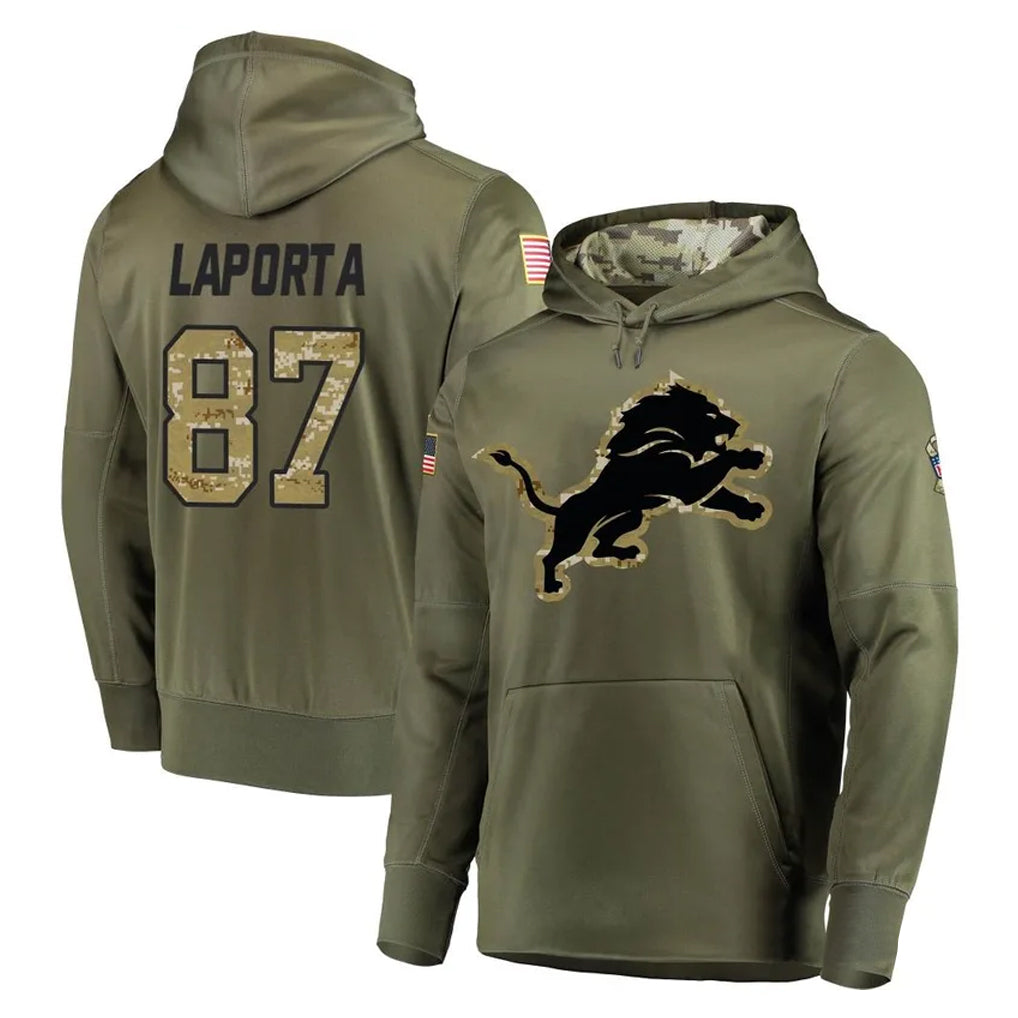 Choea D.Lions #87 Sam LaPorta Player Olive Salute to Service Pullover Hoodies Home Game Stitched Jerseys