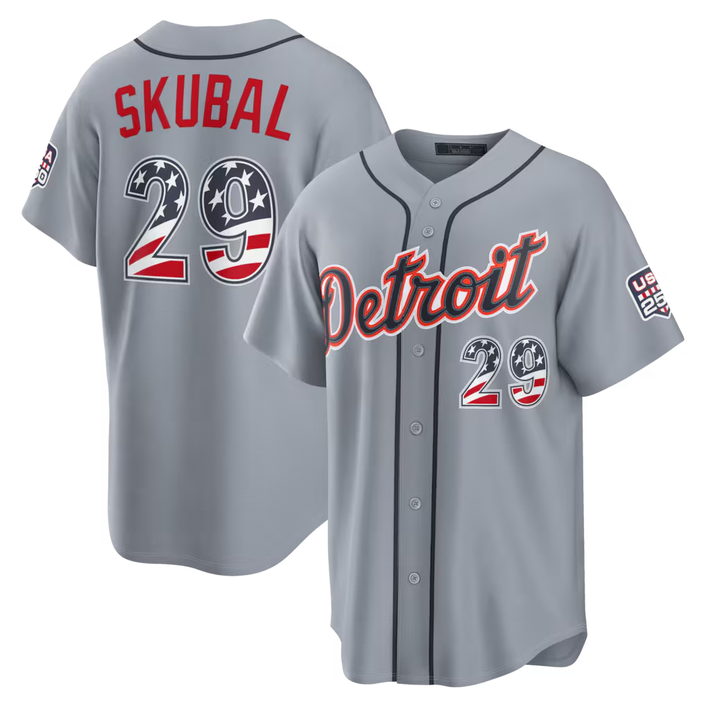 Choea D.Tigers #29 Tarik Skubal Gray USA 250 Fourth of July Road Stadium Jersey