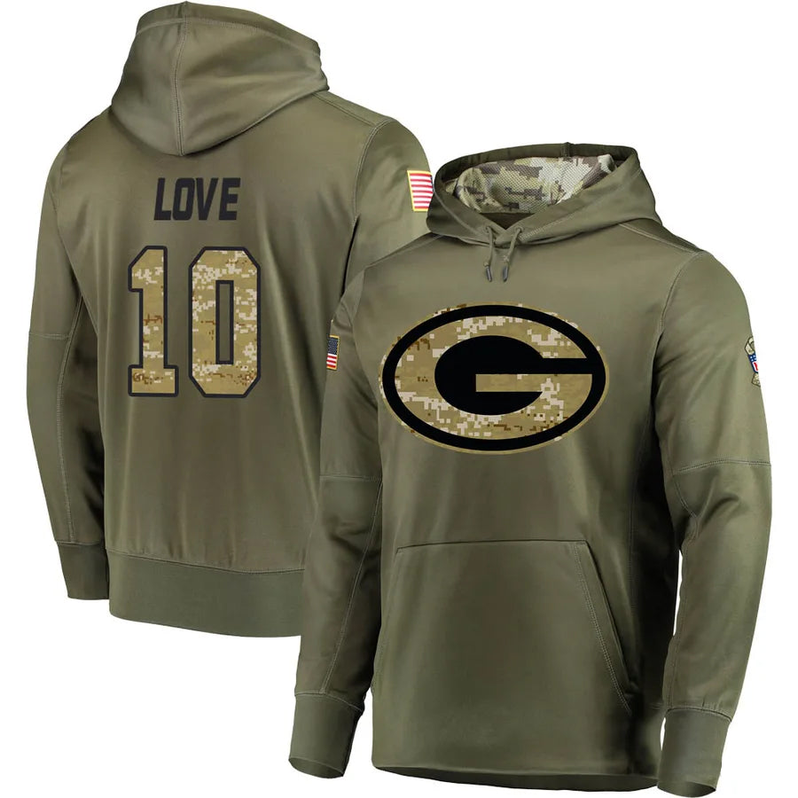 Choea GB.Packers #10 Jordan Love Player Olive Salute to Service Pullover Hoodie Game Stitched Jerseys