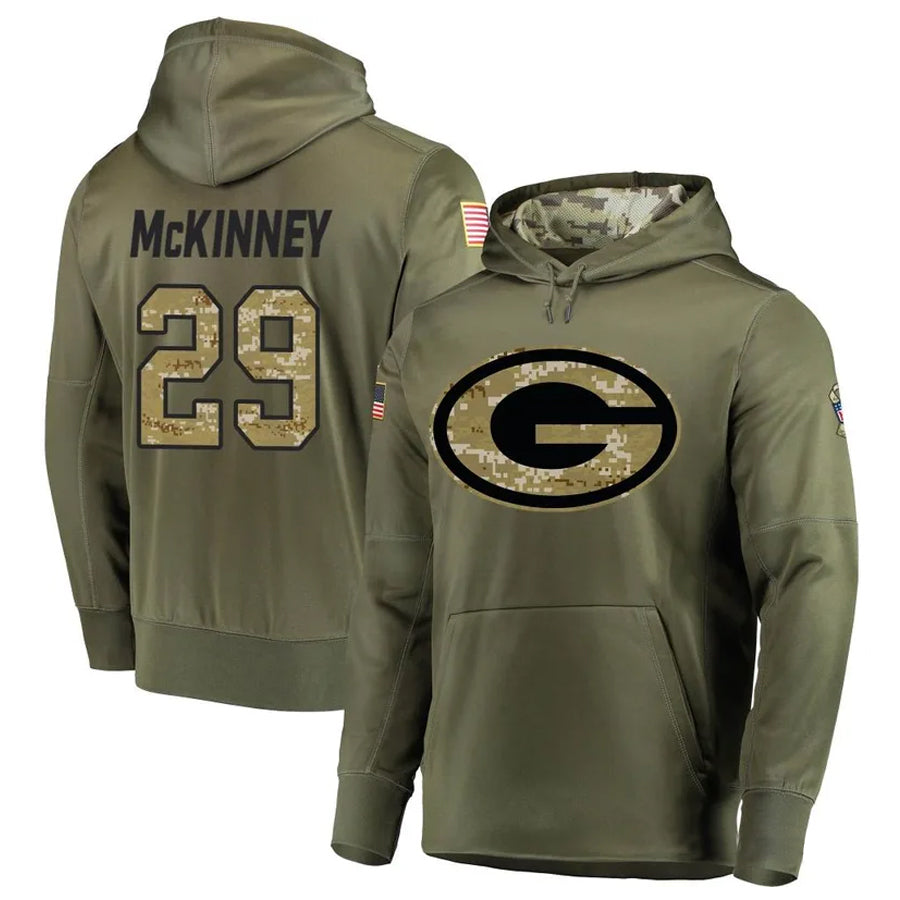 Choea GB.Packers #29 Xavier McKinney Player Olive Salute to Service Pullover Hoodie Game Stitched Jerseys