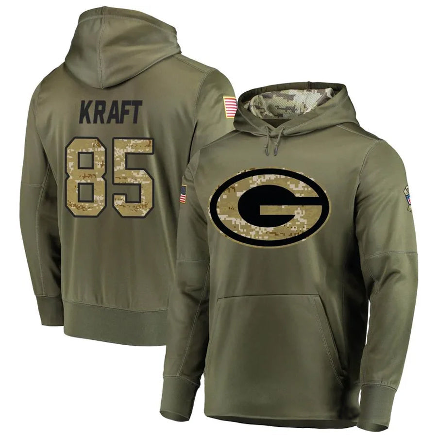 Choea GB.Packers #85 Tucker Kraft Player Olive Salute to Service Pullover Hoodie Game Stitched Jerseys