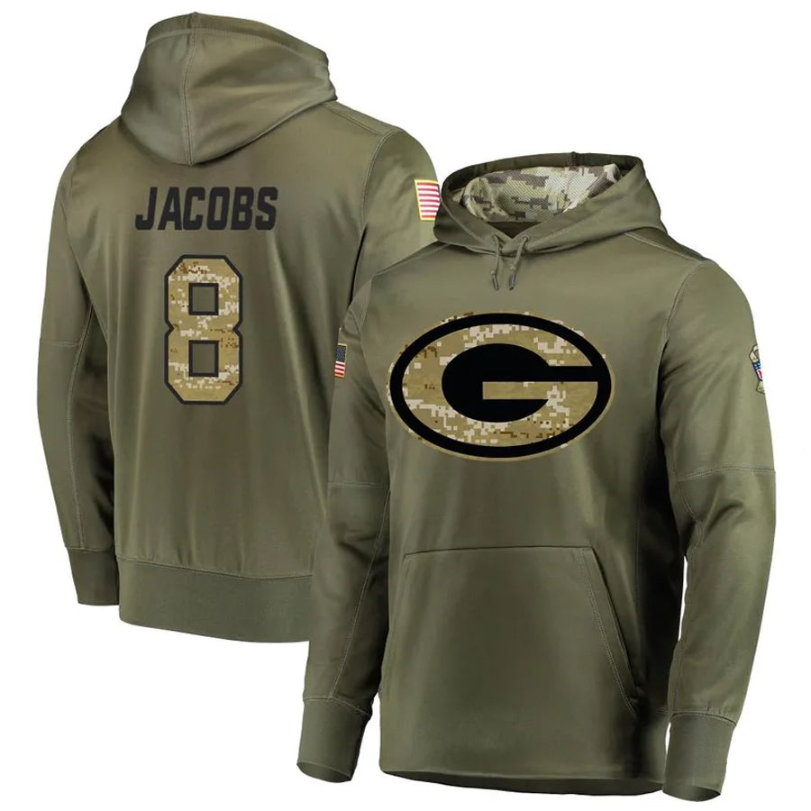 Choea GB.Packers #8 Josh Jacobs Player Olive Salute to Service Pullover Hoodie Game Stitched Jerseys