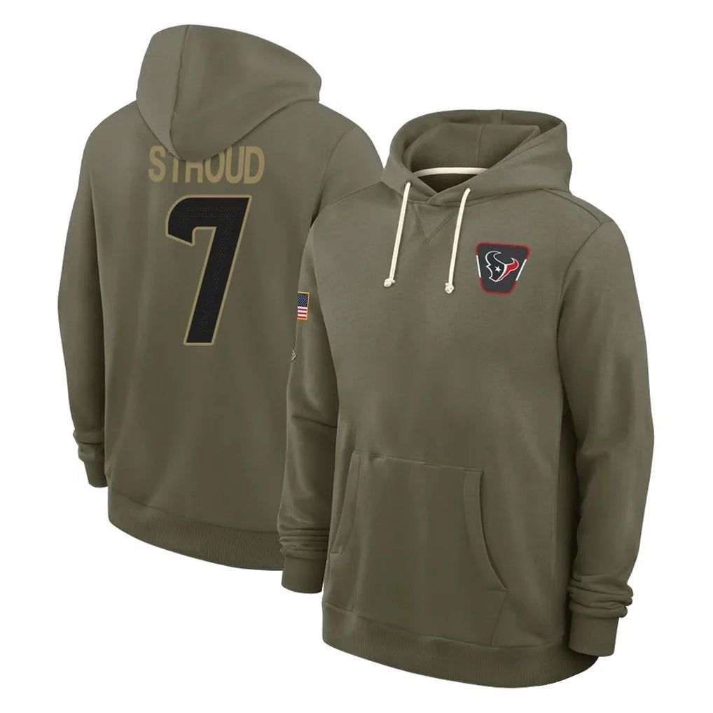 Choea H.Texans #7 CJ Stroud Player Olive Salute to Service Pullover Hoodies Limited Stitched Jerseys