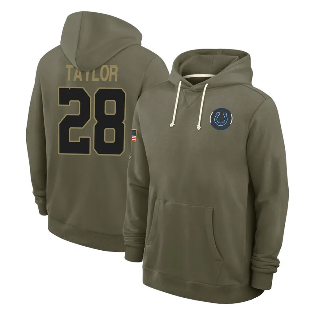 Choea IN.Colts #28 Jonathan Taylor Player Olive Salute to Service Pullover Hoodies Limited Stitched Jerseys