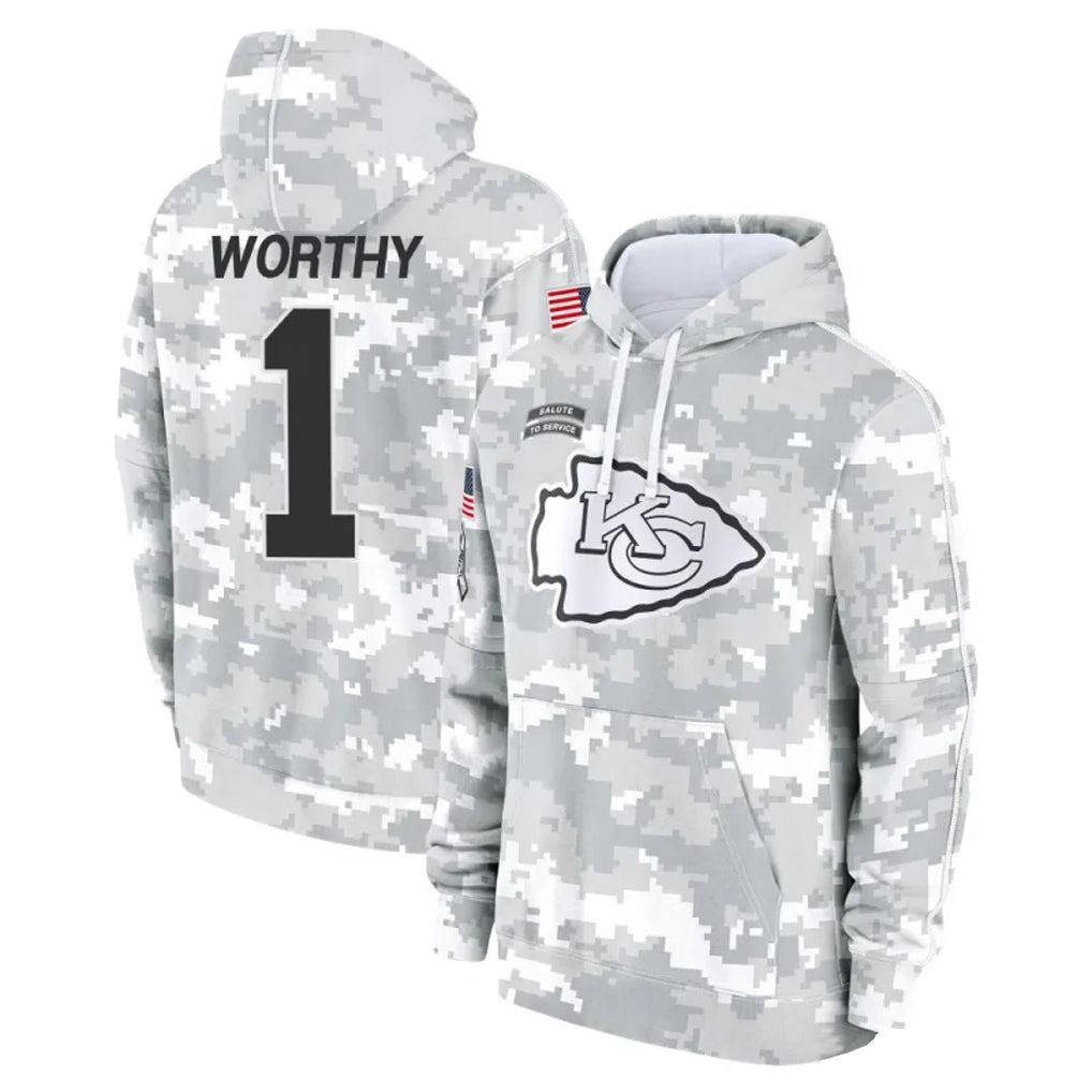 Choea KC.Chiefs #1 Xavier Worthy Player Arctic Camo Salute to Service Hoodies Stitched Jerseys