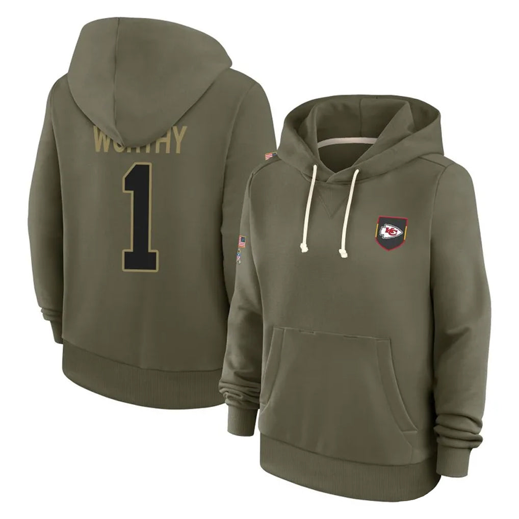 Choea KC.Chiefs #1 Xavier Worthy Player Olive Salute to Service Hoodies Stitched Jerseys