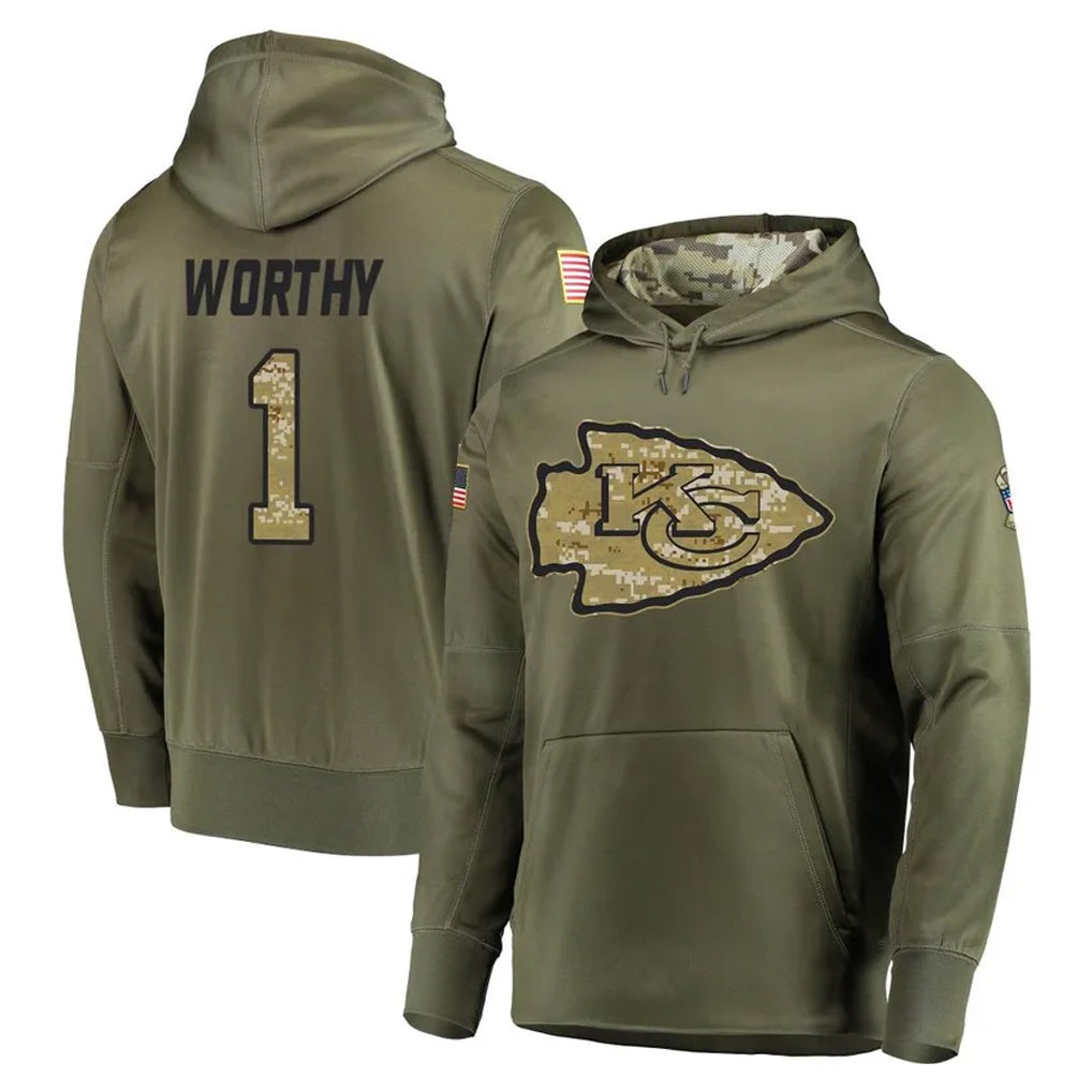 Choea KC.Chiefs #1 Xavier Worthy Player Olive Salute to Service Pullover Hoodies Home Game Stitched Jerseys