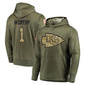Choea KC.Chiefs #1 Xavier Worthy Player Olive Salute to Service Pullover Hoodies Home Game Stitched Jerseys