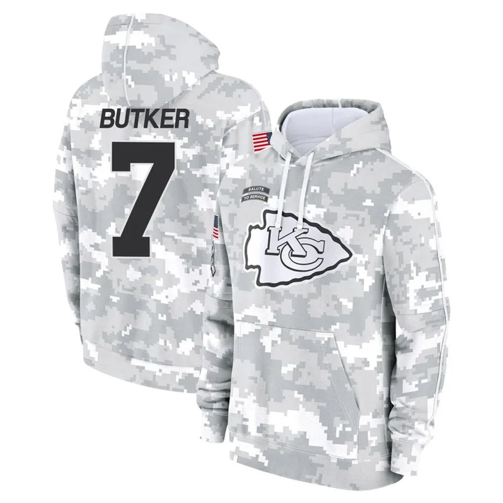 Choea KC.Chiefs #7 Harrison Butker Player Arctic Camo Salute to Service Hoodies Stitched Jerseys