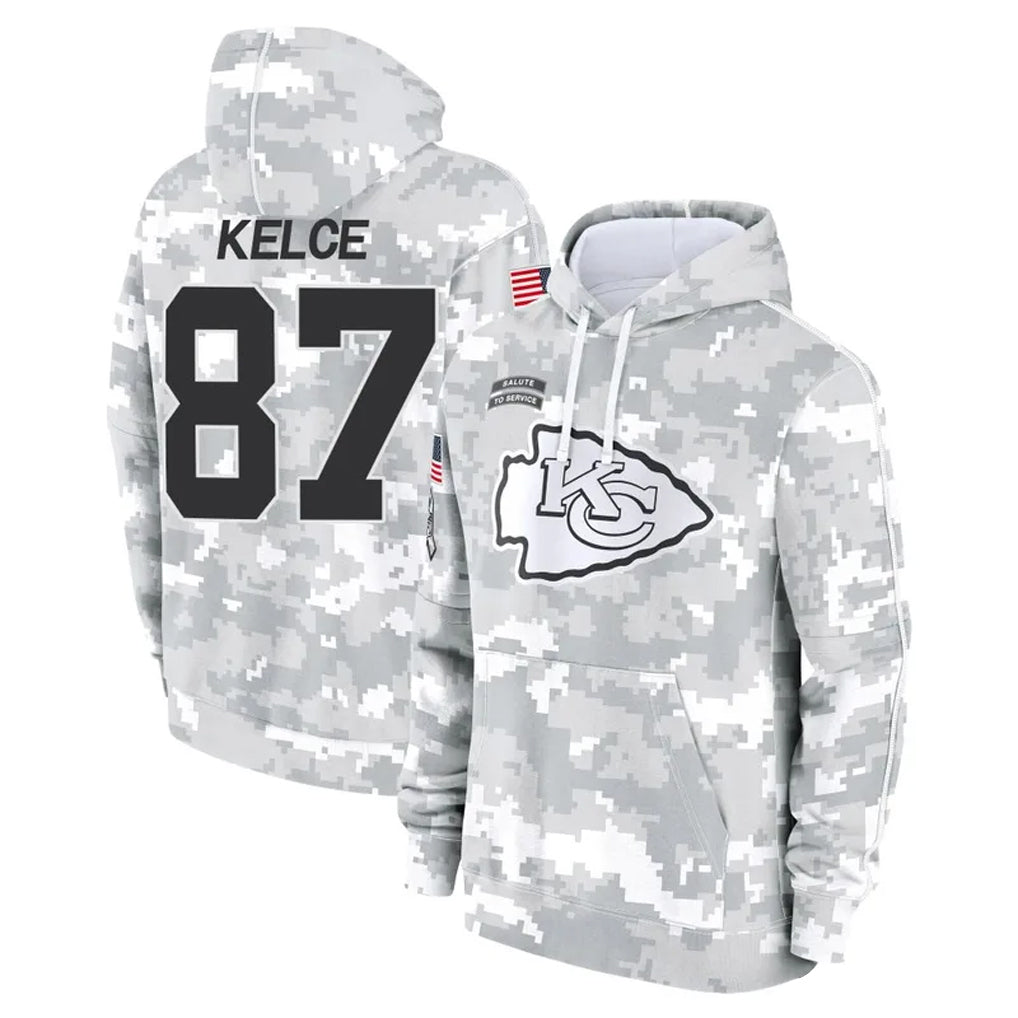 Choea KC.Chiefs #87 Travis Kelce Player Arctic Camo Salute to Service Hoodies Stitched Jerseys