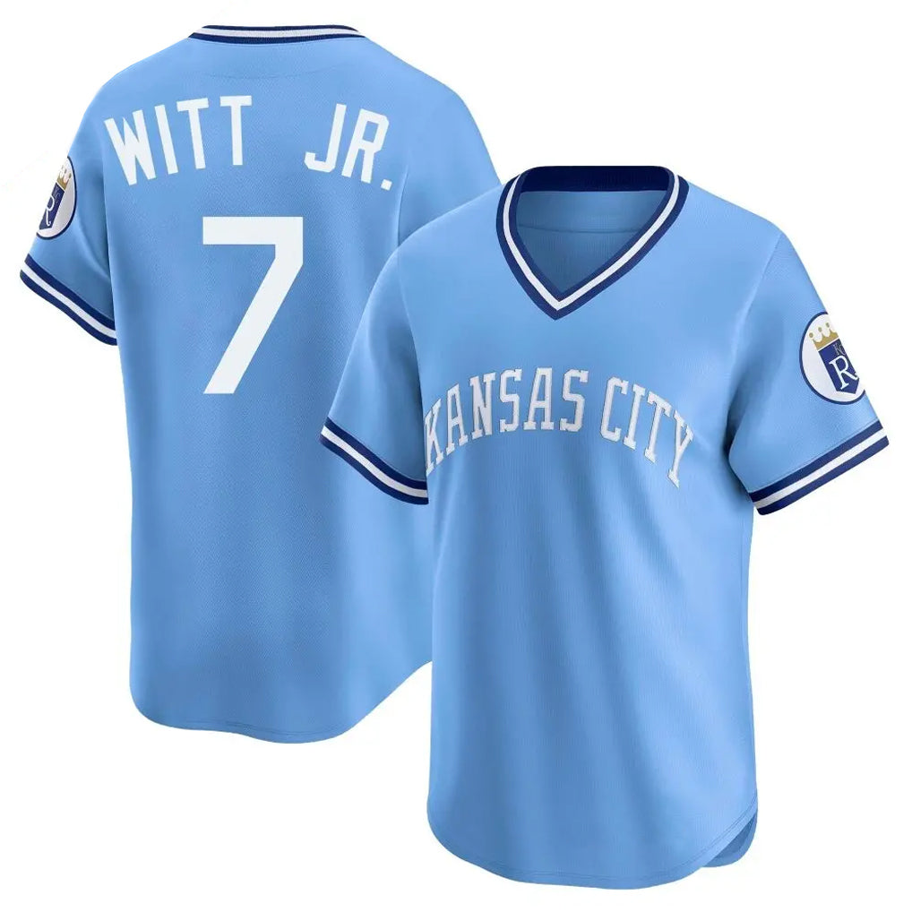 Choea KC.Royals #7 Bobby Witt Jr. Player Light Blue Limited Throwback Cooperstown Collection T-shirt Stitched Jerseys