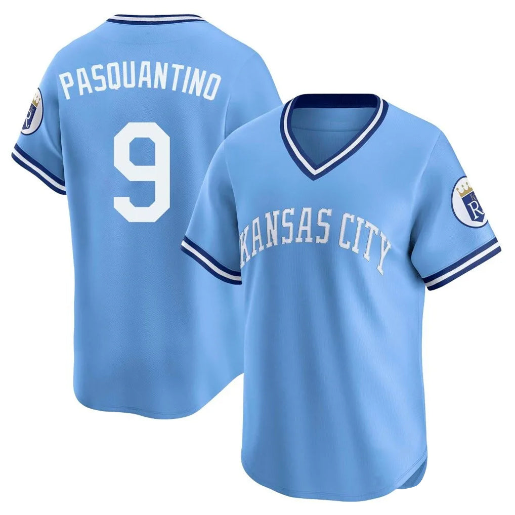 Choea KC.Royals #9 Vinnie Pasquantino Player Light Blue Limited Throwback Cooperstown Collection T-shirt Stitched Jerseys