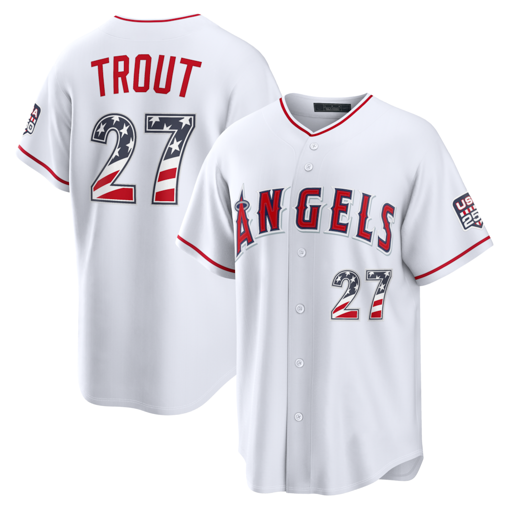 Choea LA.Angels #27 Mike Trout White USA 250 Fourth of July Home Stadium Jersey