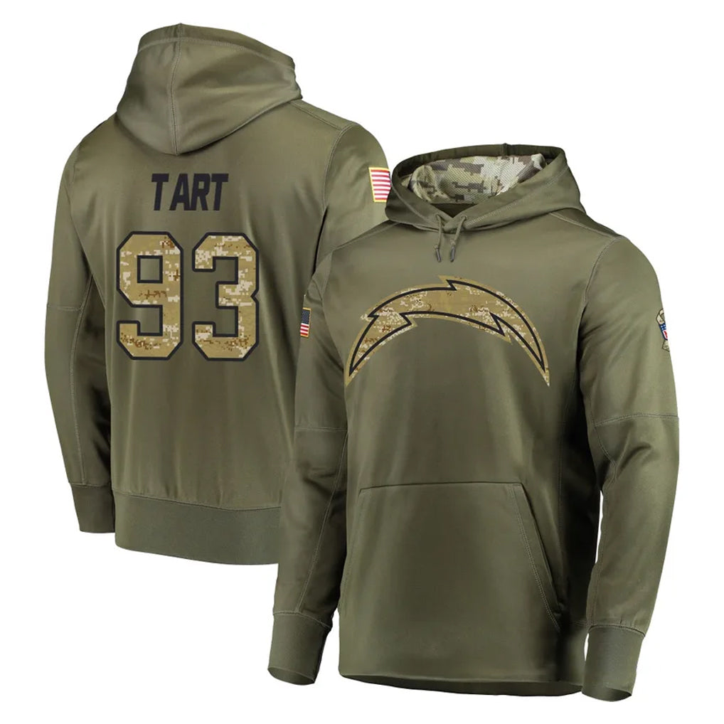 Choea LA.Chargers #93 Teair Tart Player Olive Salute to Service Pullover Hoodies Home Game Stitched Jerseys