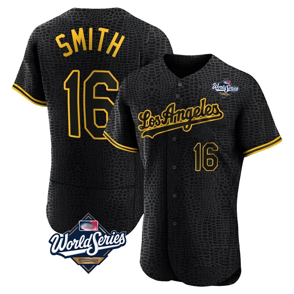 Choea LA.Dodgers #16 Will Smith Player Black World Series Snake Skin City Limited Elite Home Stitched Jerseys