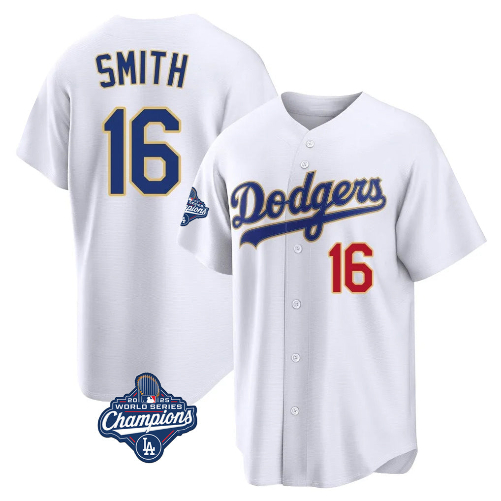 Choea LA.Dodgers #16 Will Smith Player Gold White World Series Meet 2026 Collection Stadium Limited Stitched Jerseys