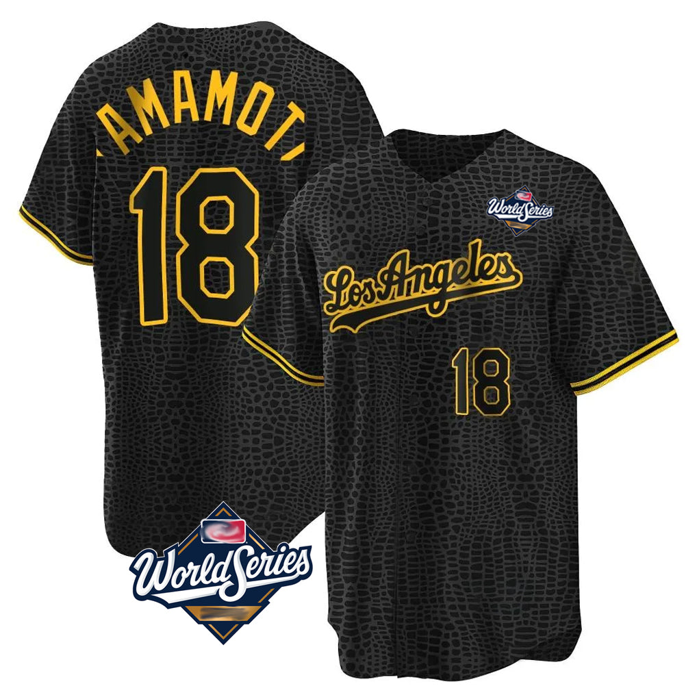 Choea LA.Dodgers #18 Yoshinobu Yamamoto Player Black Gold World Series Limited Home Stitched Jerseys