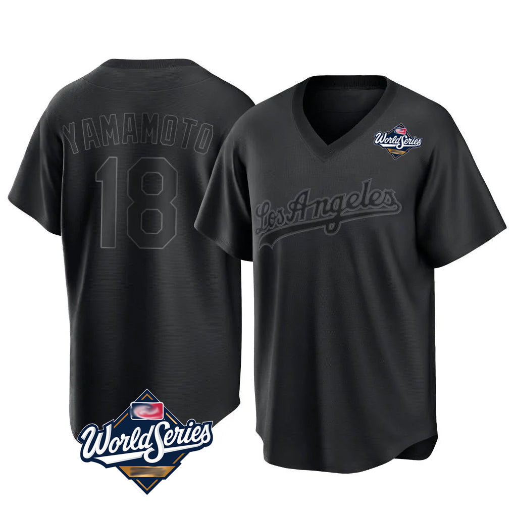 Choea LA.Dodgers #18 Yoshinobu Yamamoto Player Black World Series Pitch Fashion T-shirt Stitched Jerseys