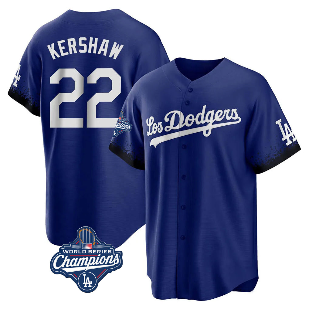 Choea LA.Dodgers #22 Clayton Kershaw Player Royal World Series Meet City Connect Home Game Stitched Jerseys