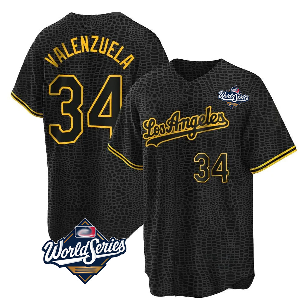 Choea LA.Dodgers #34 Fernando Valenzuela Player Black World Series Snake Skin City Game Home Stitched Jerseys