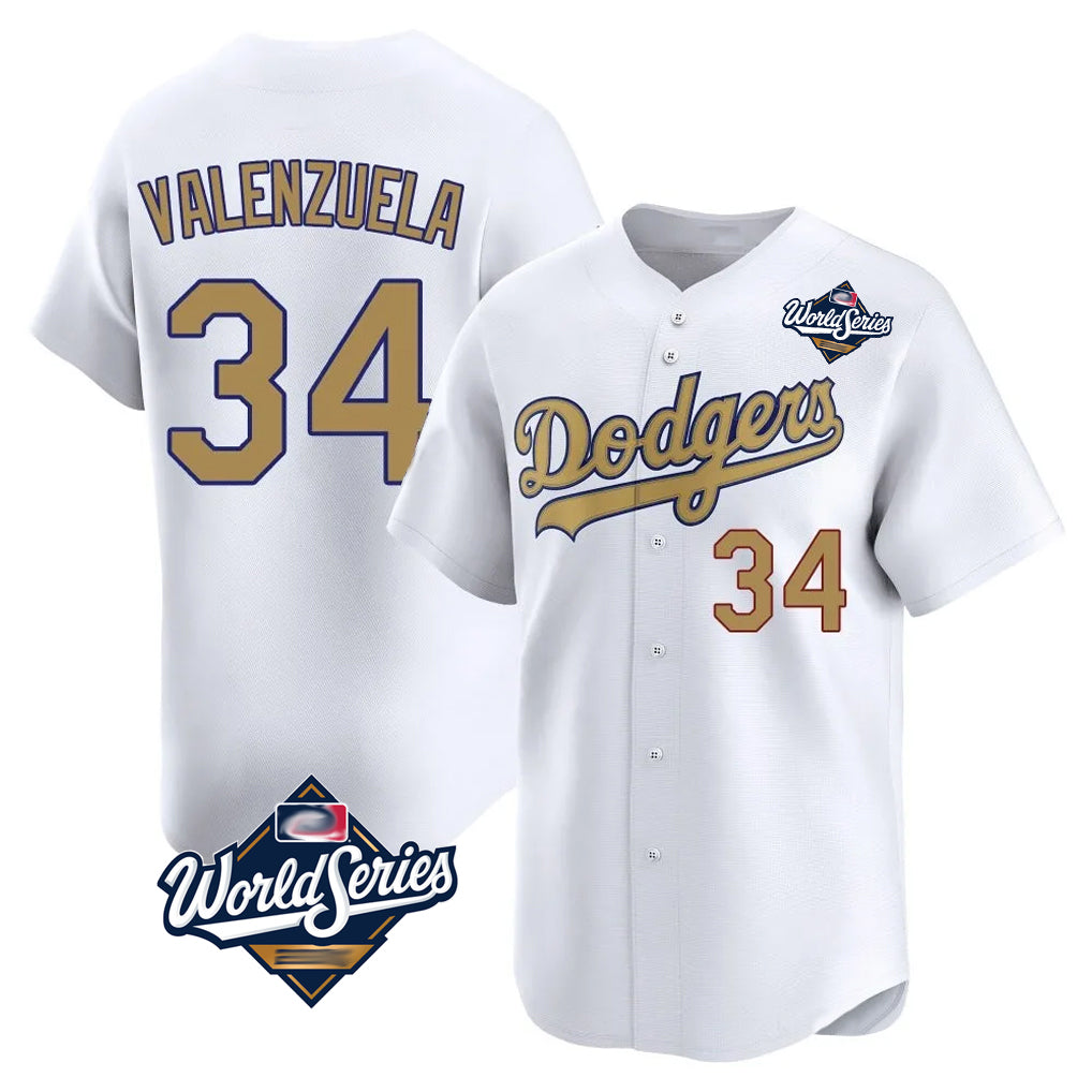 Choea LA.Dodgers #34 Fernando Valenzuela Player Gold World Series Collection Limited Home Stitched Jerseys