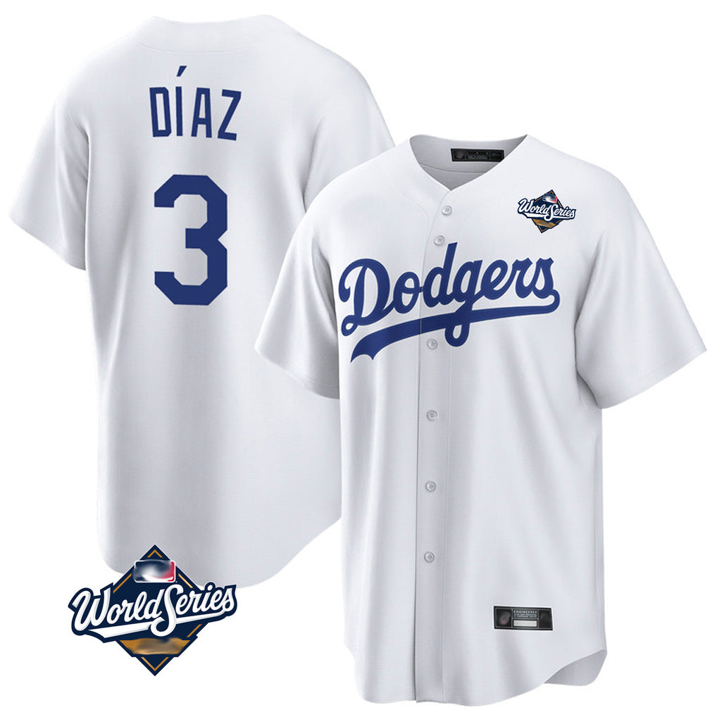 Choea LA.Dodgers #3 Edwin D¡§aaz Player White World Series Game Home Stitched Jerseys