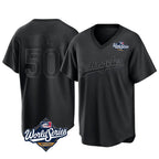 Choea LA.Dodgers #50 Mookie Betts Player Black World Series Pitch Fashion T-shirt Stitched Jerseys