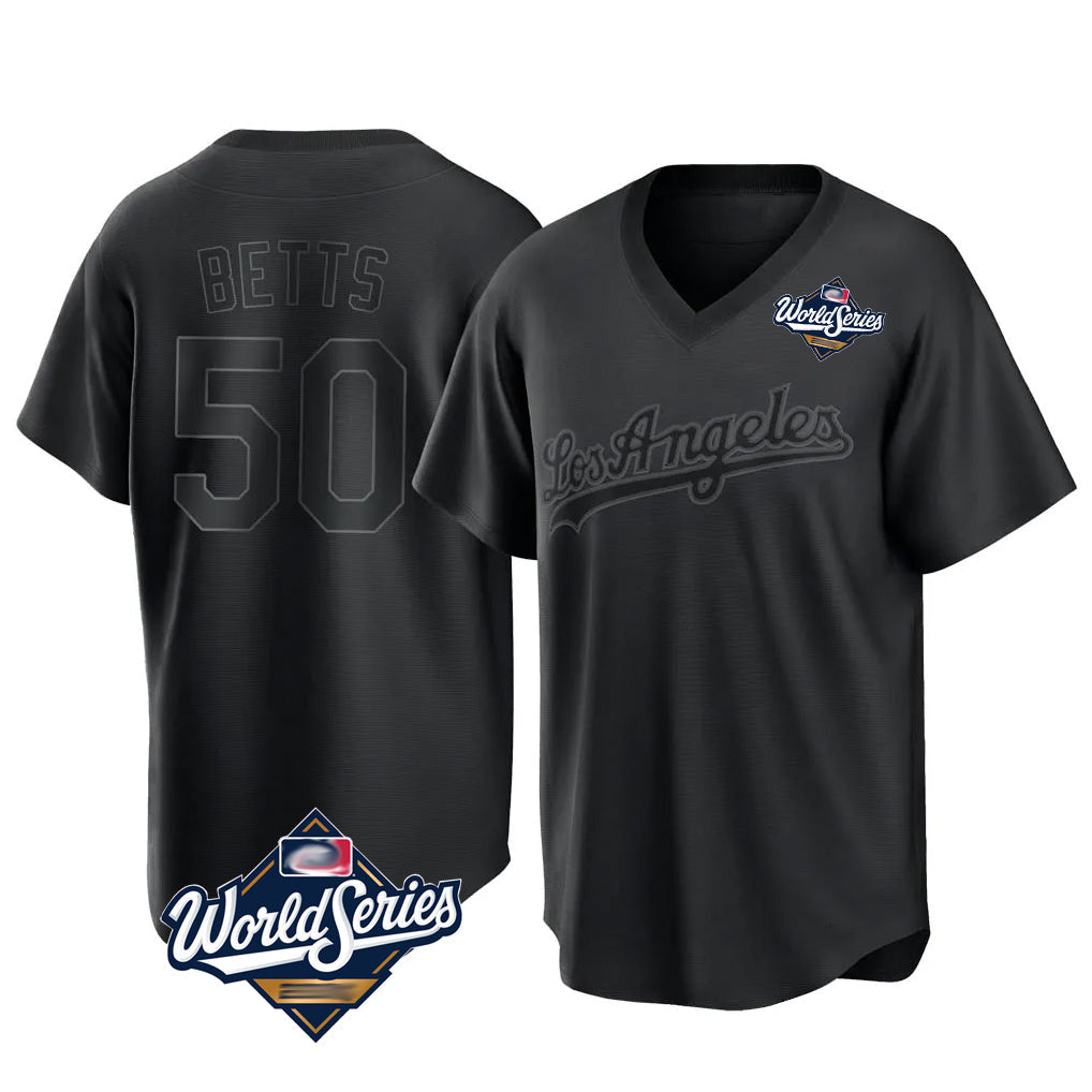Choea LA.Dodgers #50 Mookie Betts Player Black World Series Pitch Fashion T-shirt Stitched Jerseys