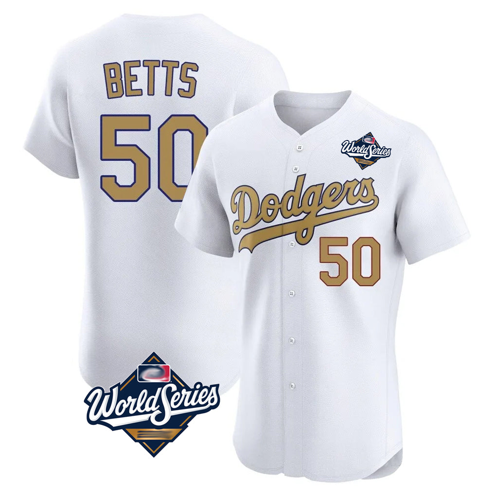Choea LA.Dodgers #50 Mookie Betts Player Gold World Series Limited Elite Home Stitched Jerseys