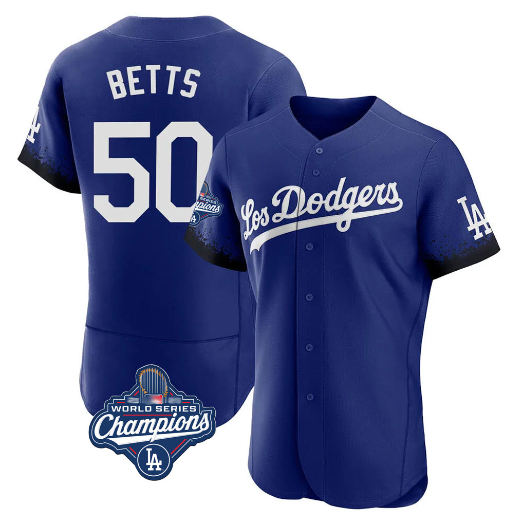 Choea LA.Dodgers #50 Mookie Betts Player Royal World Series Meet City Connect Elite Home Stitched Jerseys