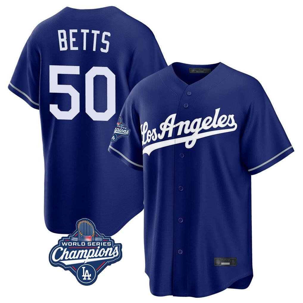 Choea LA.Dodgers #50 Mookie Betts Player Royal World Series Meet Game Stitched Jerseys
