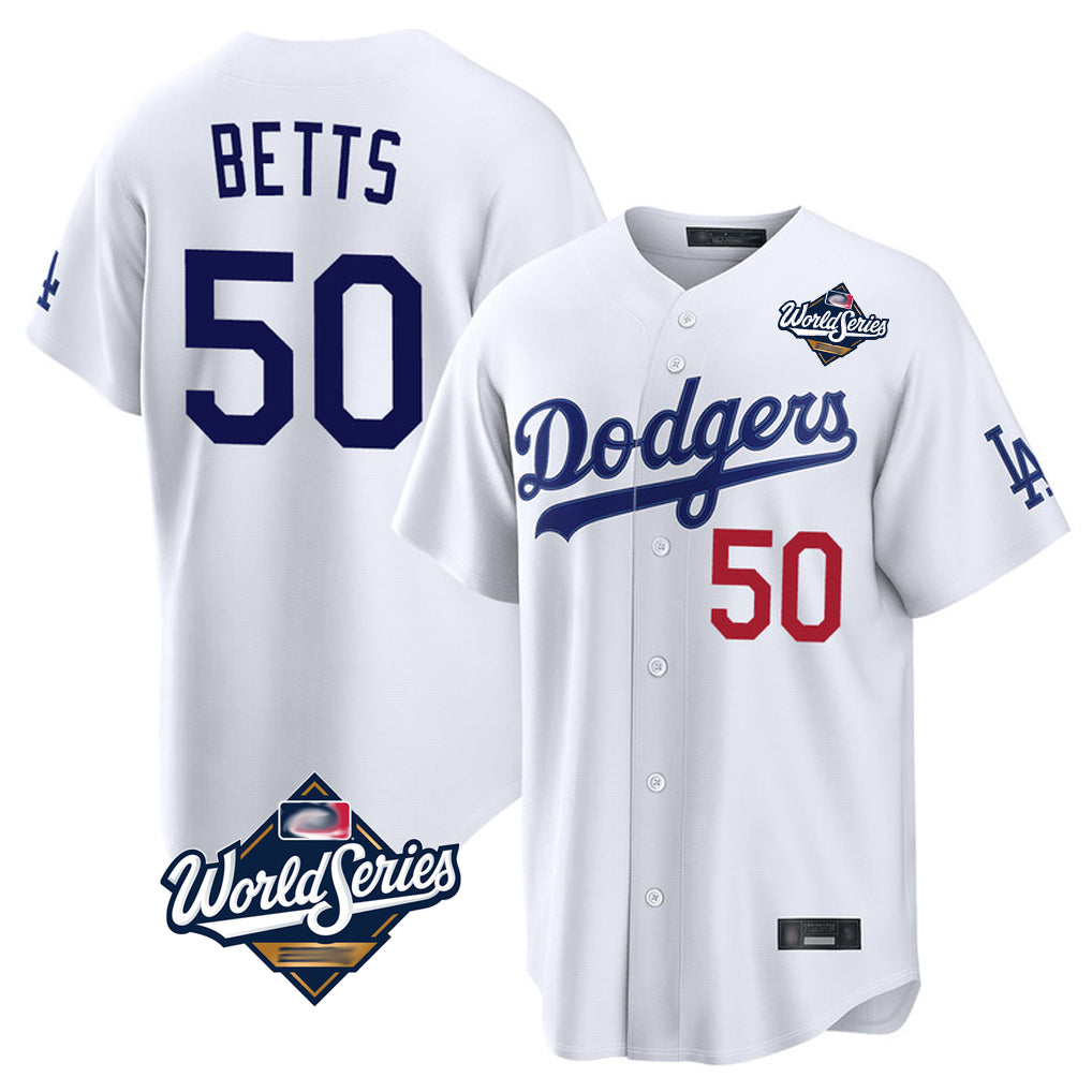 Choea LA.Dodgers #50 Mookie Betts Player White World Series Home Game Stitched Jerseys