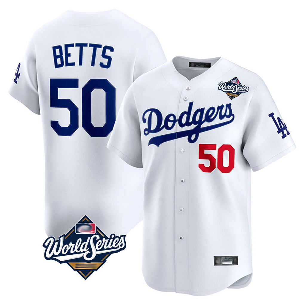 Choea LA.Dodgers #50 Mookie Betts Player White World Series Limited Home Stitched Jerseys