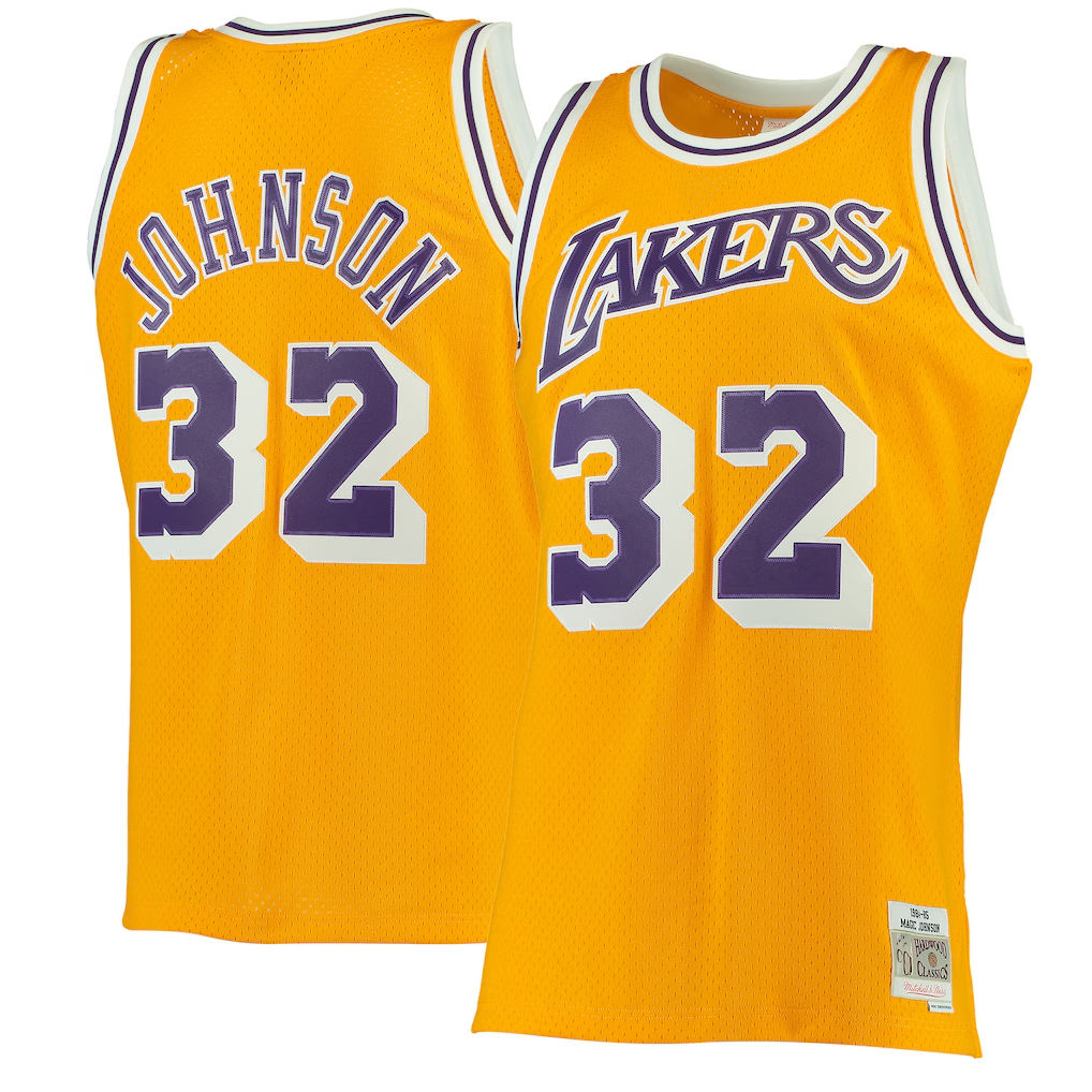 Choea LA.Lakers #32 Magic Johnson Mitchell & Ness Gold 1984-1985 Hardwood Classics Authentic Jerseys