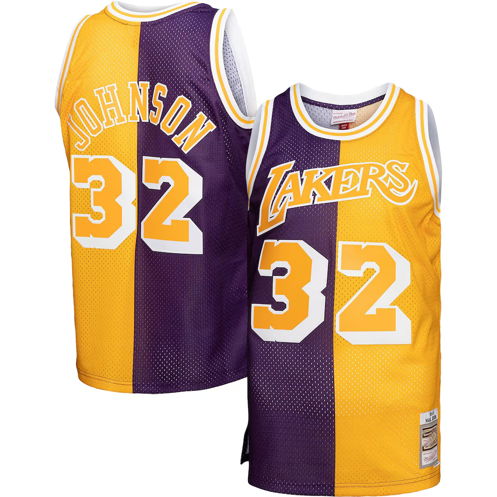 Choea LA.Lakers #32 Magic Johnson Mitchell & Ness PurpleGold Big & Tall Hardwood Classics 198485 Split Swingman Jerseys