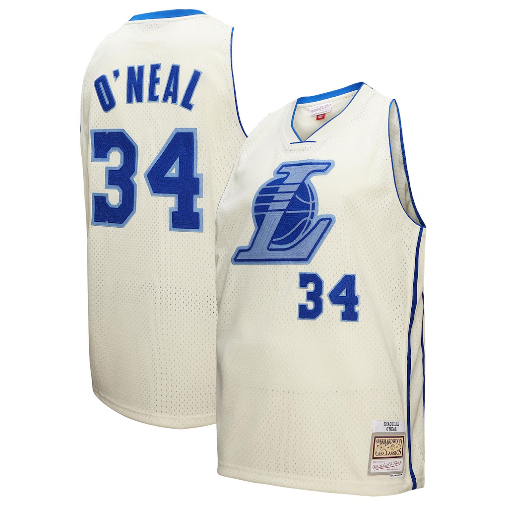 Choea LA.Lakers #34 Shaquille O'Neal Mitchell & Ness Cream Chainstitch Swingman Jerseys