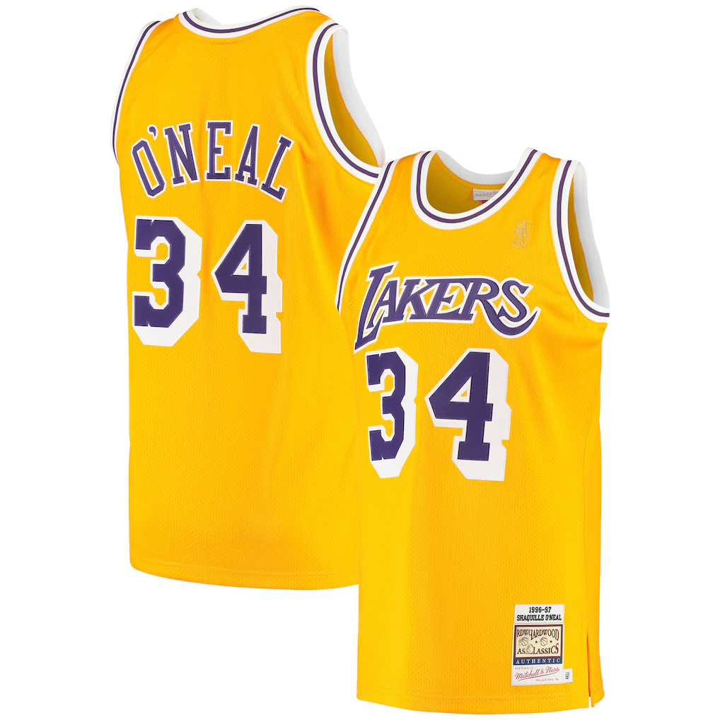 Choea LA.Lakers #34 Shaquille O'Neal Mitchell & Ness Gold 1996-1997 Hardwood Classics Authentic Jerseys