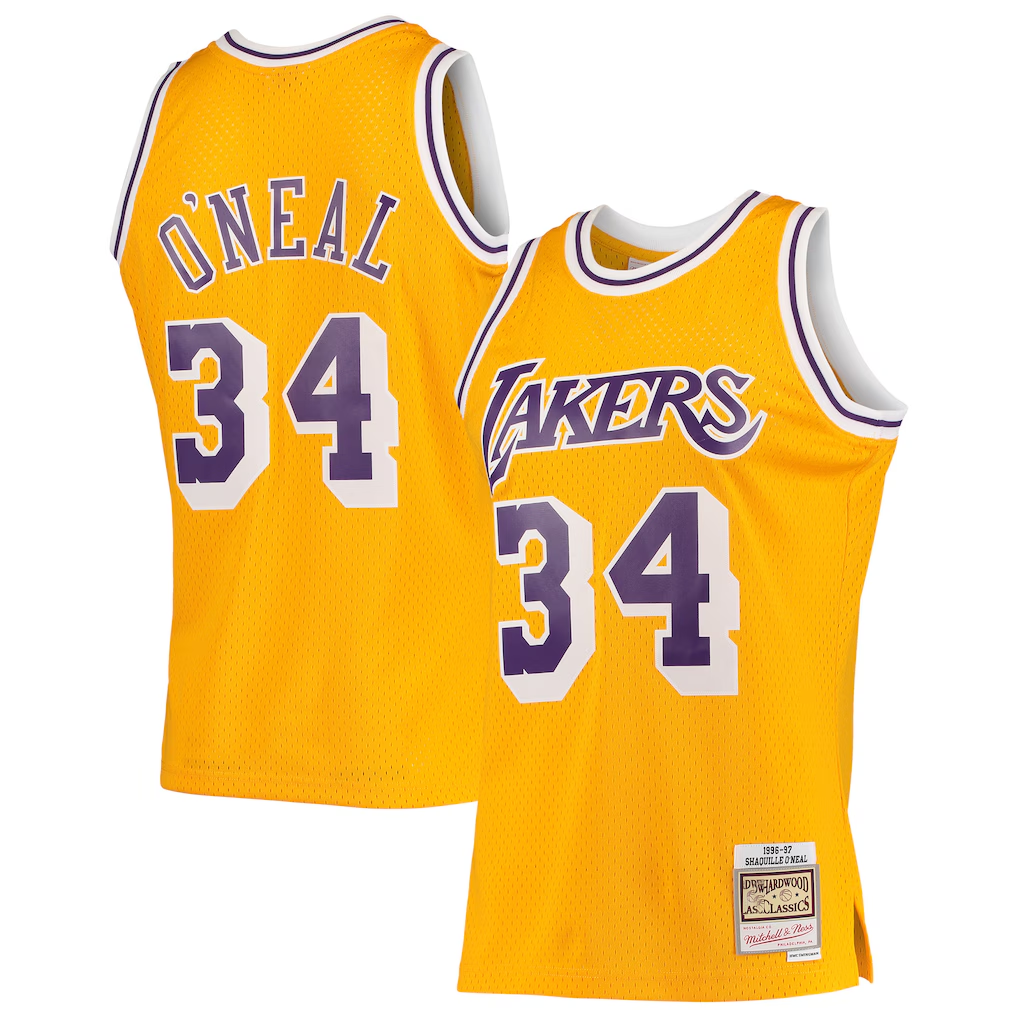Choea LA.Lakers #34 Shaquille O'Neal Mitchell & Ness Gold 199697 Hardwood Classics Swingman Jerseys